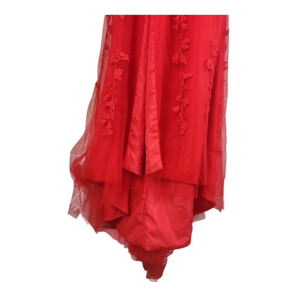 Red Leaf Detail High Slit Trumpet Gown Sz 2 Vamp Bustier Sheer Mesh Maxi Formal - Picture 4 of 13